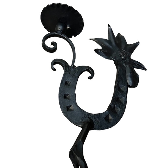 Set Of 2 Wrought Iron Rooster Candlestick Holder Horshoe Folk Art - Picture 10 of 14